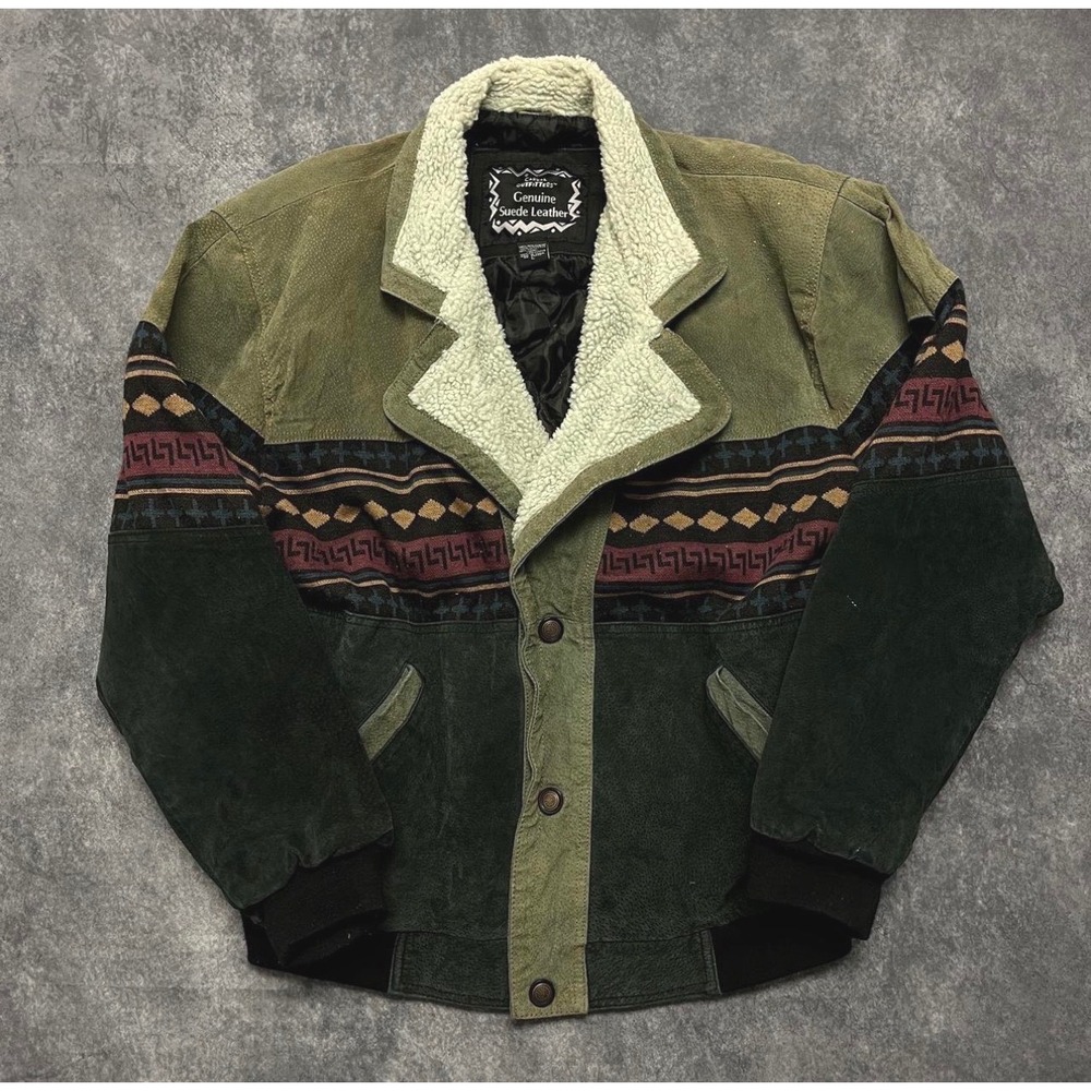 Casual Outfitters Vintage Suede Leather Bomber Jacket Green Southwestern Mens L